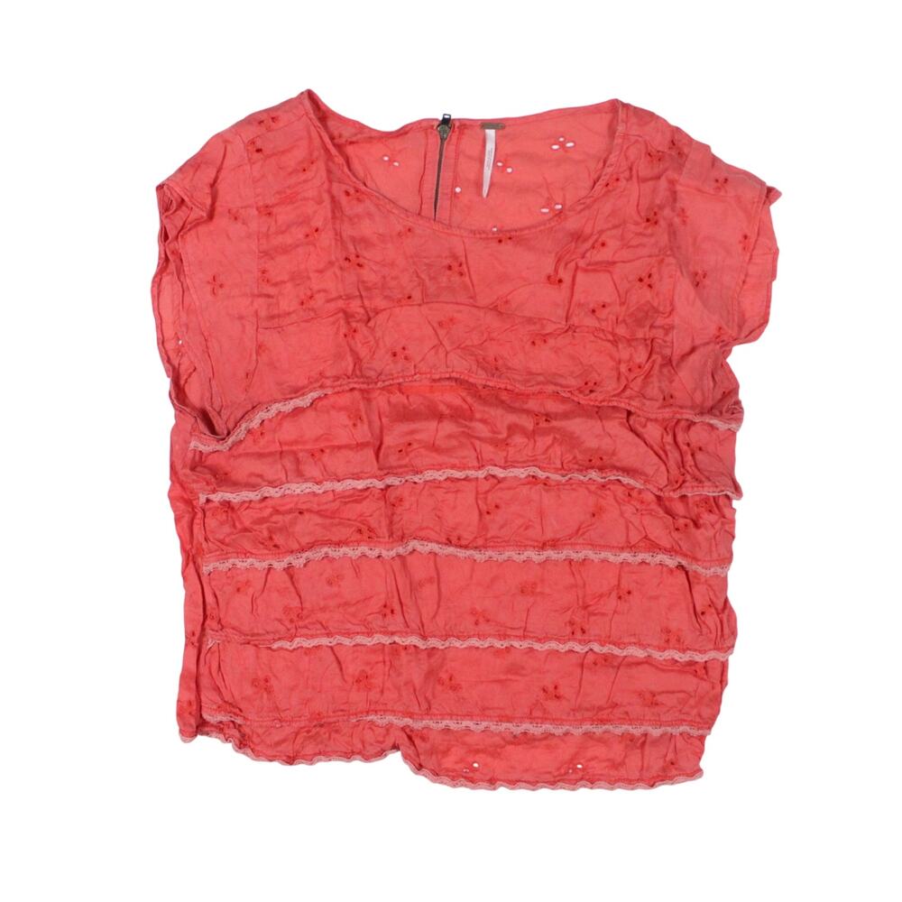 Free People eyelet tiered ruffle blouse coral pink red boho prairie festival L